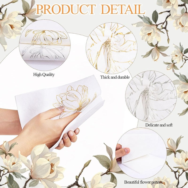 Joyido 50 Pack Gold Magnolia Napkins - Gold Floral Disposable Napkins - Cloth-Like Feel Dinner Paper - Vintage Heavy Duty Hand Towels for Bathroom Wedding Holiday Party Bridal Decorative Towels - Image 3